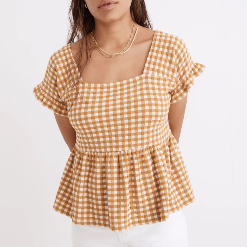 Madewell Gingham Knit Ruffle-Hem Top